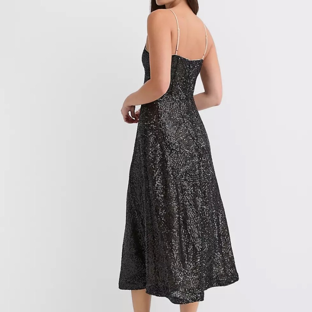 LOFT Black Shimmer Sequin Midi Cocktail Wedding Guest Evening Dress - Black 8 - Picture 2 of 14